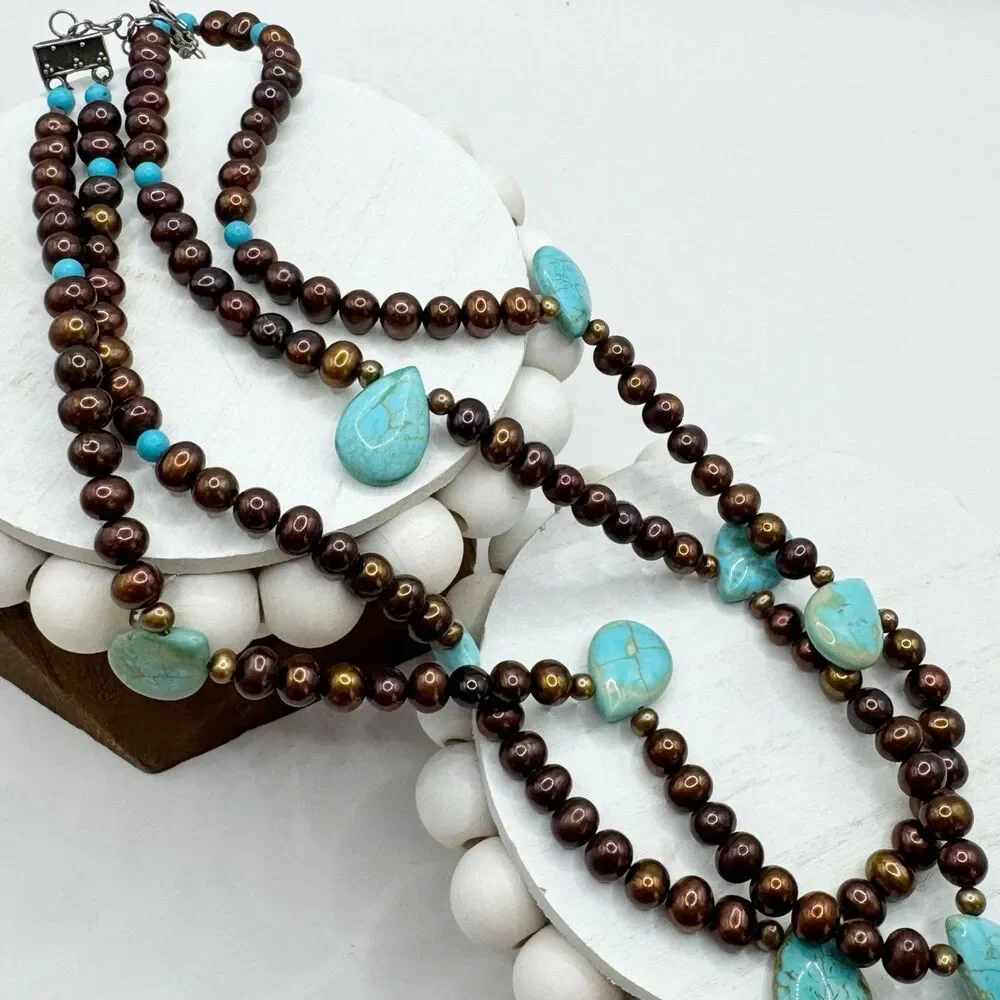 Turquoise Teardrop Bronze Pearl Double Strand Necklace Sterling Silver Bohemian